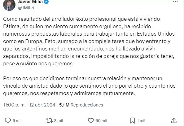 El tuit con el que Milei confirm la ruptura con Ftima Florez